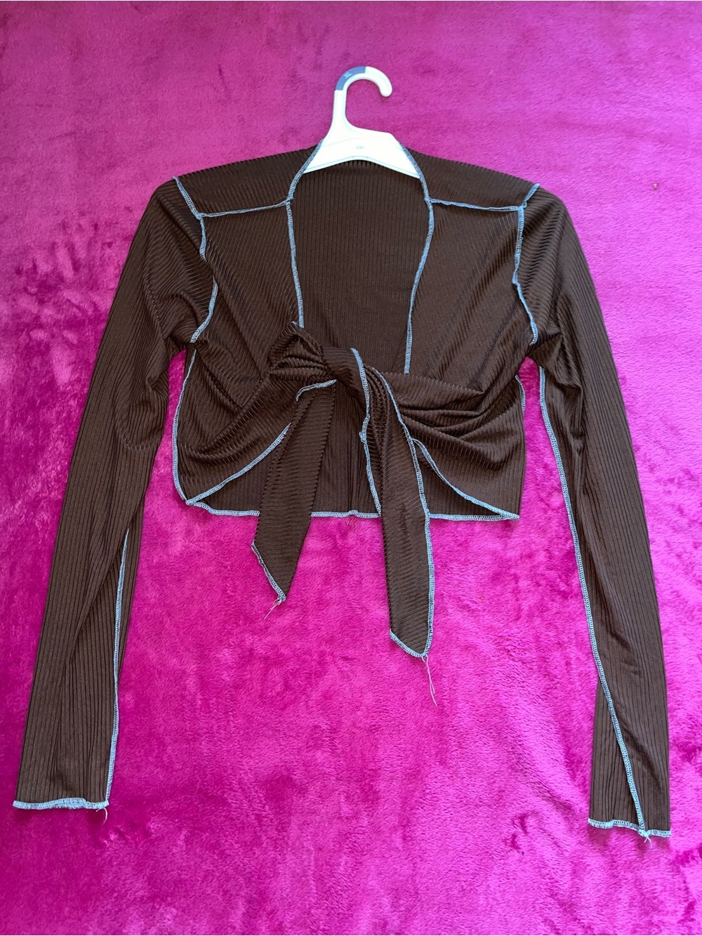 Rue 21 Dark Brown Ribbed Knit Crop Long Sleeve Wrap Cross Over Blouse